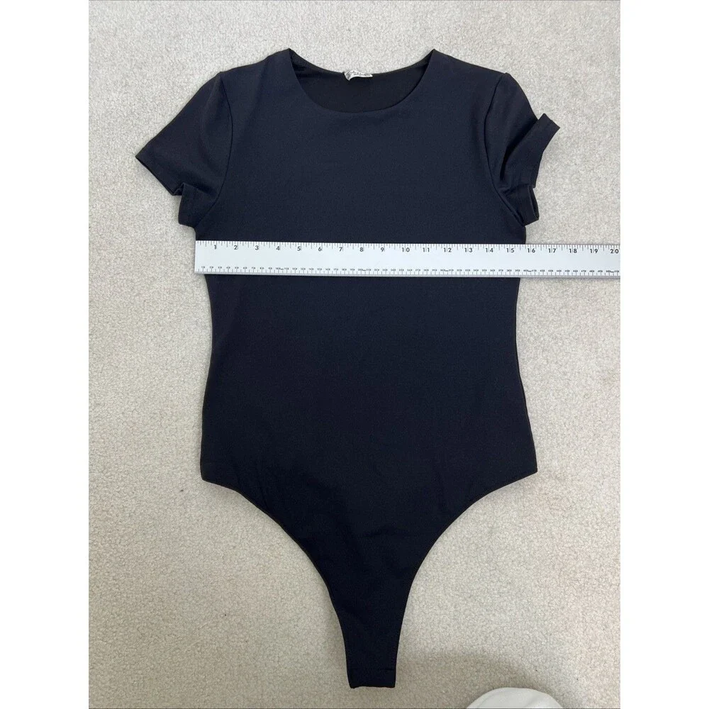 Women’s Free People Intimately M Black Thong Bodysuit Short Sleeve Minimalist
